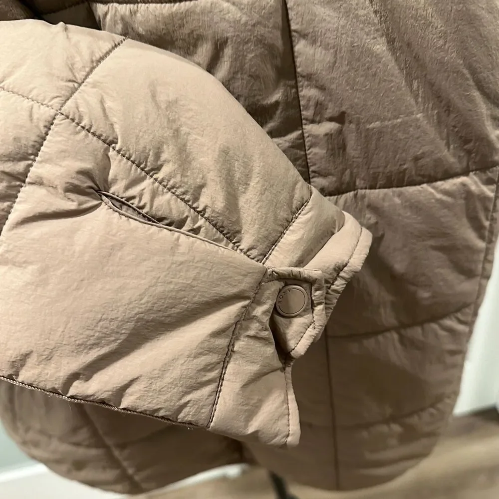 Roxy Quilted Puffer Jacket Brown Warm Mock Neck Full Zip Boxy Size Medium M